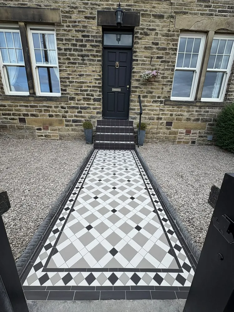 Victorian geometric tiled front path and tiled steps at a Yorkshire stone terrace